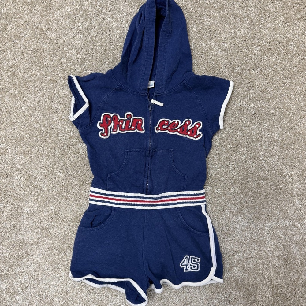 Vintage Girl Connection Romper Girls 5 Blue Hooded French Terry Princess Zip